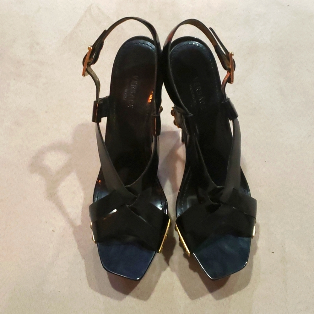 Versace Patent Leather Peep Toe Platform Pumps